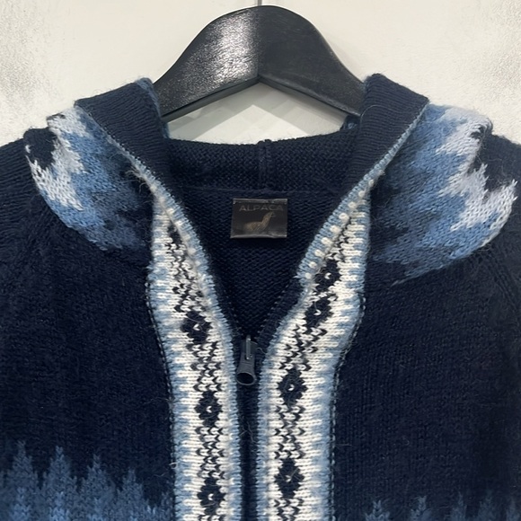 Alpaca Sweater Hoodie Cardigan Zipper Unisex Blue White Large - Picture 3 of 11